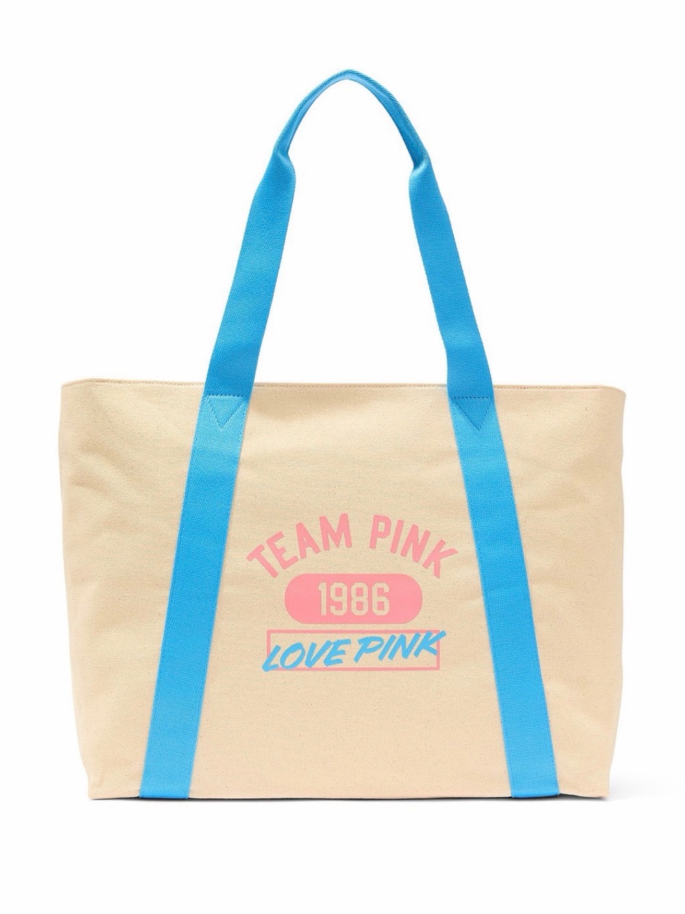 Love Pink Canvas Tote Bag in Beige with Blue Straps